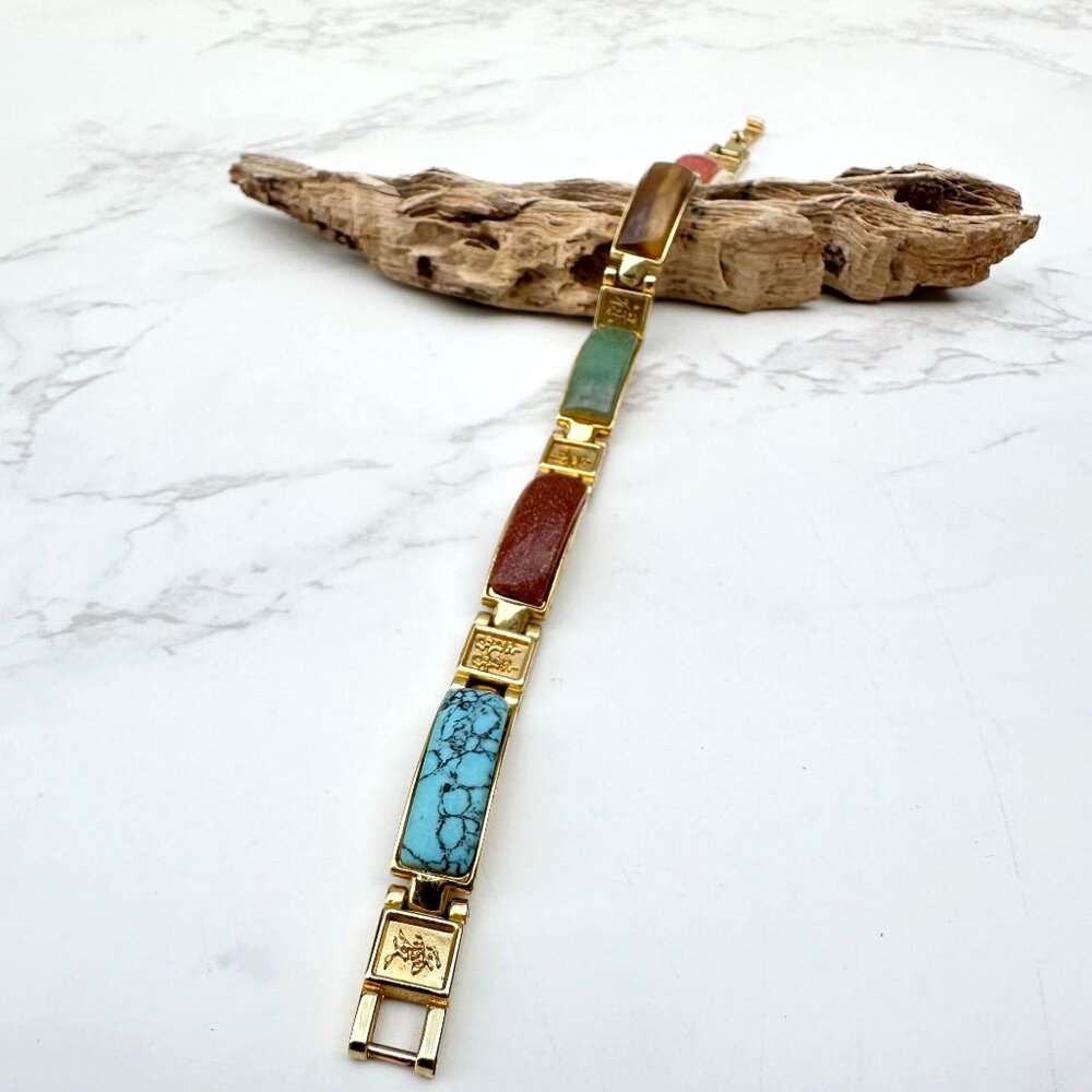 Chinese Style Magnetic Goodluck Bracelet 7" Long With Multicolor Gemstone Inlays - Picture 2 of 7